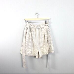 Johnny Was Jade Ciana Paper Bag Short Women L Beige Stripe Linen Cotton Belt 261